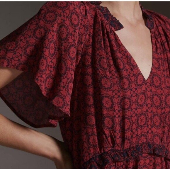 Anthropologie Robin Tiered Viscose Mini Dress Size XS Red/Rounge Flutter Sleeves - Picture 9 of 10